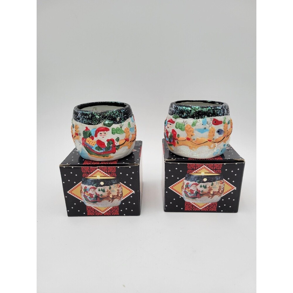 2 Vtg Giftco Ceramic Tea Light Candle Holders Santa Sleigh Reindeer Glitter 3.5"